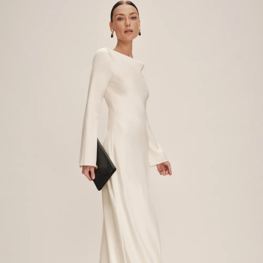 Worn for 1 Hour: Reformation Ciana Satin Dress Ivory - Size 10